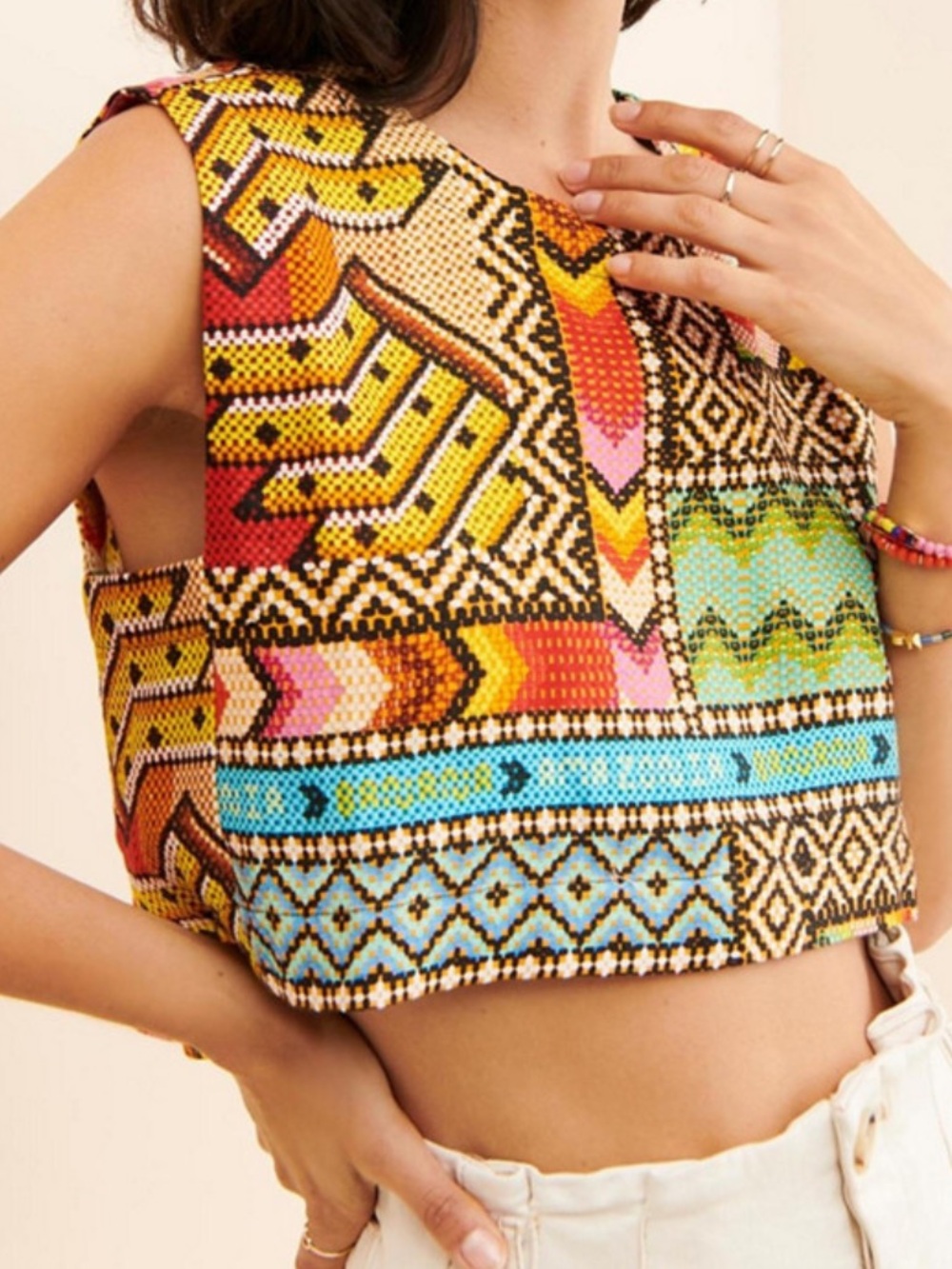 FARM Rio Geometric Multicolor Crop Top in Yellow, Blue & Pink